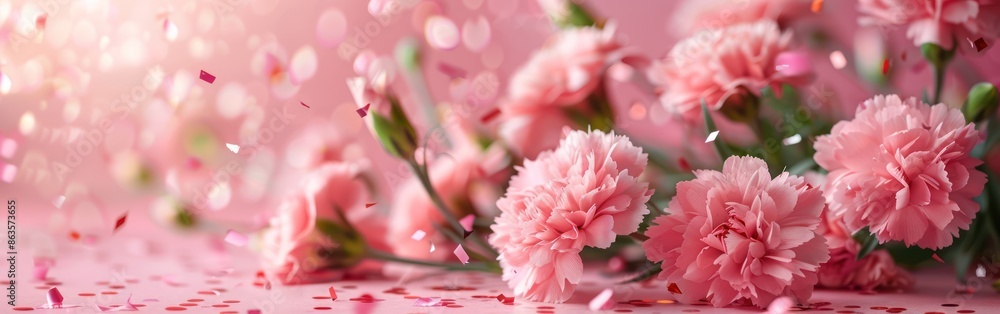 Celebrating with Pink Carnations and Confetti on a Pink Background Celebrating with Pink Carnations and Confetti on a Pink Background