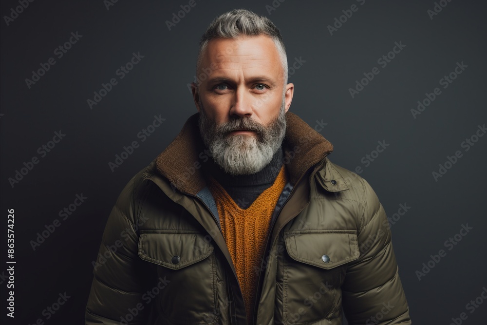 Portrait of a handsome middle-aged man with a gray beard in a warm jacket on a dark background Portrait of a handsome middle-aged man with a gray beard in a warm jacket on a dark background