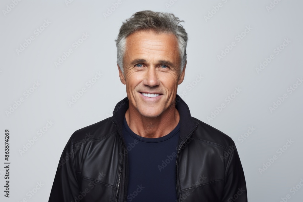Obraz premium Handsome middle aged man in black leather jacket over grey background.
