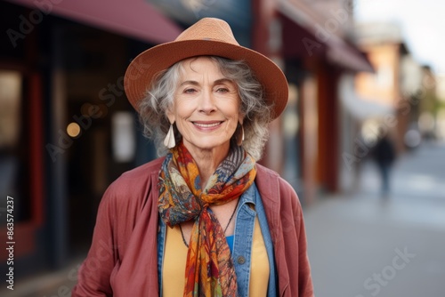 Portrait of a smiling senior woman in hat and scarf walking in the city