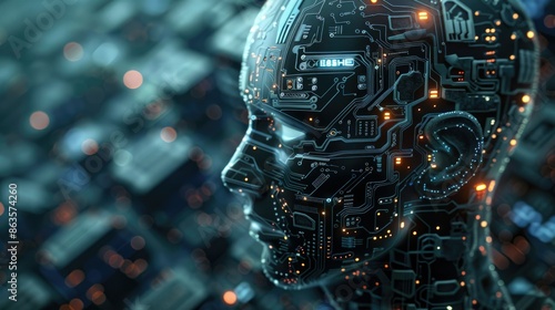 Artificial Intelligence concept with futuristic digital human head, AI face with circuit board and glowing lights. Ideal for machine learning, deep learning, and technological advancement.