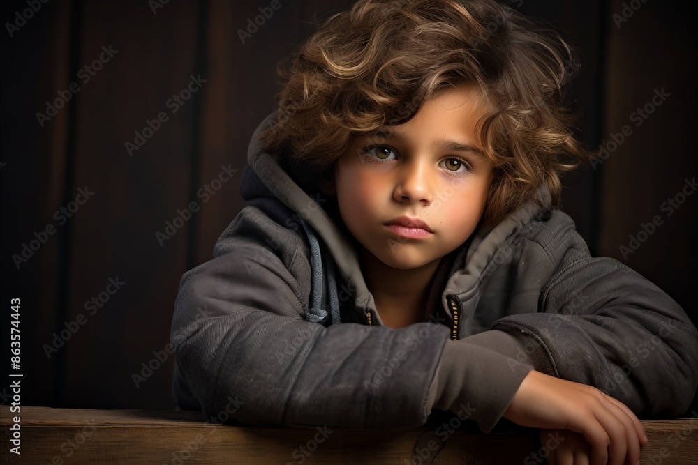 A portrait of a little boy in a hoodie over dark background. A portrait of a little boy in a hoodie over dark background.