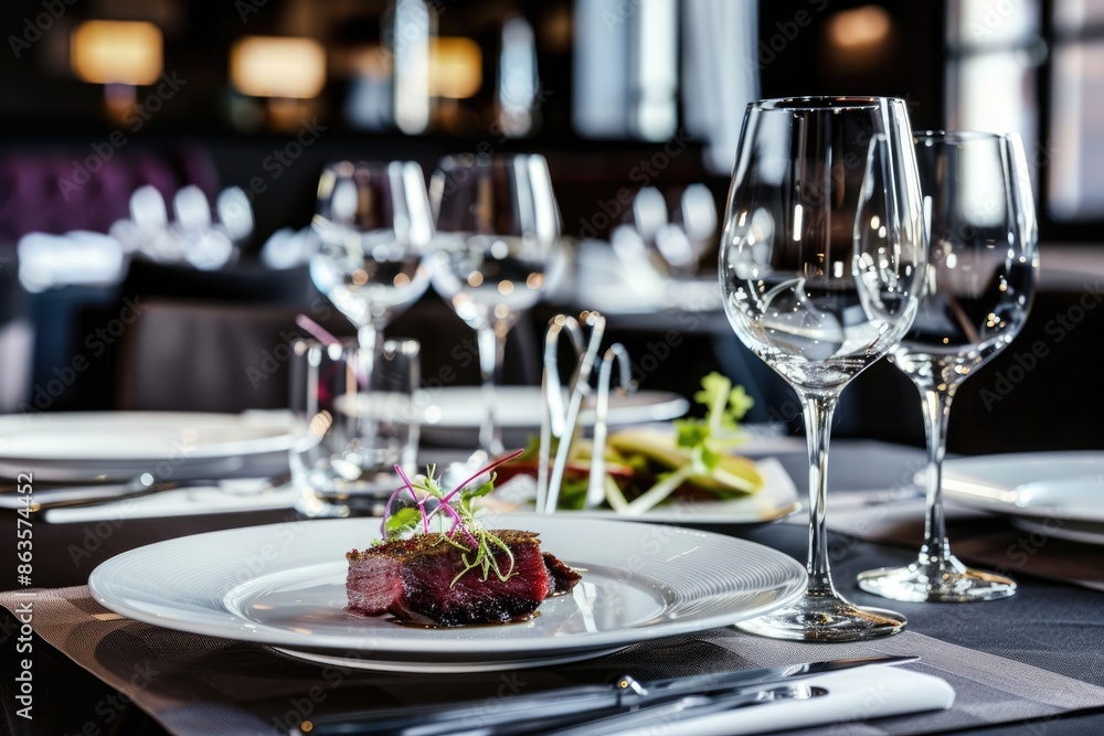 Fototapeta premium A close-up of a single slice of grilled steak with fresh garnish on a white plate at a restaurant table, set with wine glasses and cutlery