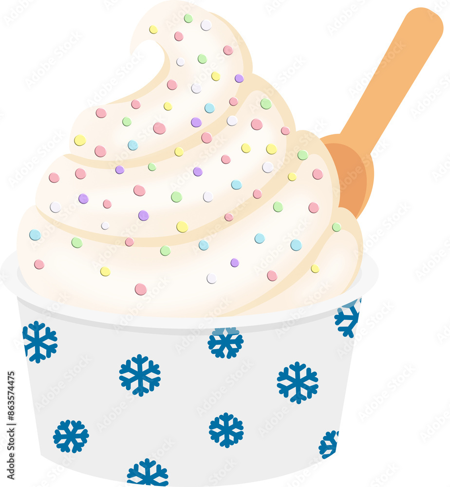 vanilla soft ice cream sprinkled with sugar flakes in a snowflake pattern ice cream cup. Embroidered with an orange spoon vanilla soft ice cream sprinkled with sugar flakes in a snowflake pattern ice cream cup. Embroidered with an orange spoon