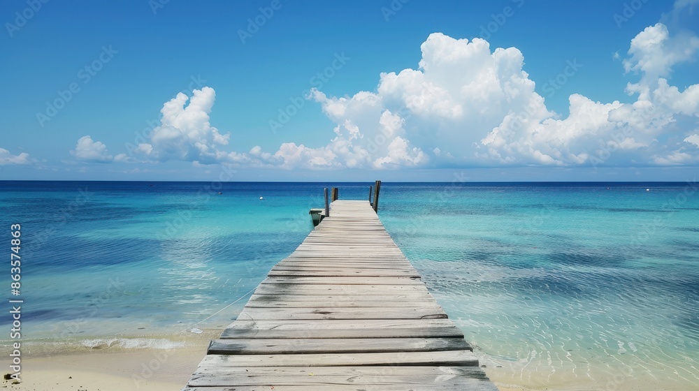 A wooden pier extending into the clear blue ocean under a bright sky, providing a serene and picturesque coastal scene. A wooden pier extending into the clear blue ocean under a bright sky, providing a serene and picturesque coastal scene.
