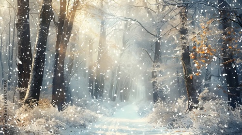 Magical winter forest  snow-covered trees with twinkling fairy lights photo