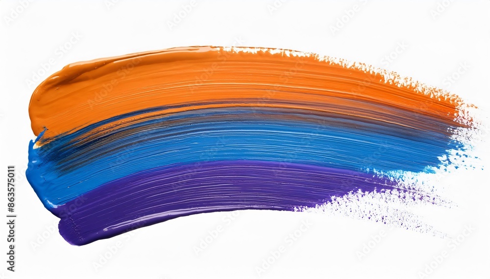 Three vibrant brush strokes in orange, blue, and purple merging on a blank canvas Three vibrant brush strokes in orange, blue, and purple merging on a blank canvas
