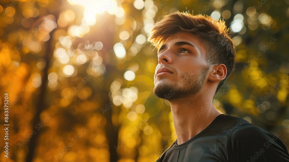 Young man with beard looking thoughtful in sunny outdoor scene Young man with beard looking thoughtful in sunny outdoor scene