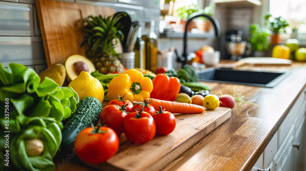 Fresh fruits and vegetables on a brightly lit kitchen counter, inviting healthy cooking Fresh fruits and vegetables on a brightly lit kitchen counter, inviting healthy cooking