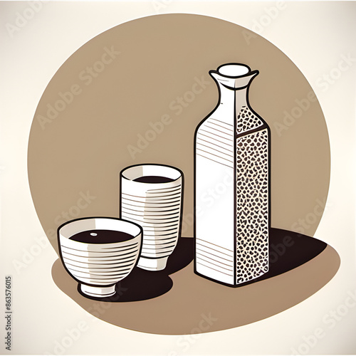 A set of Japanese Sake drawn in Chinese Painting style