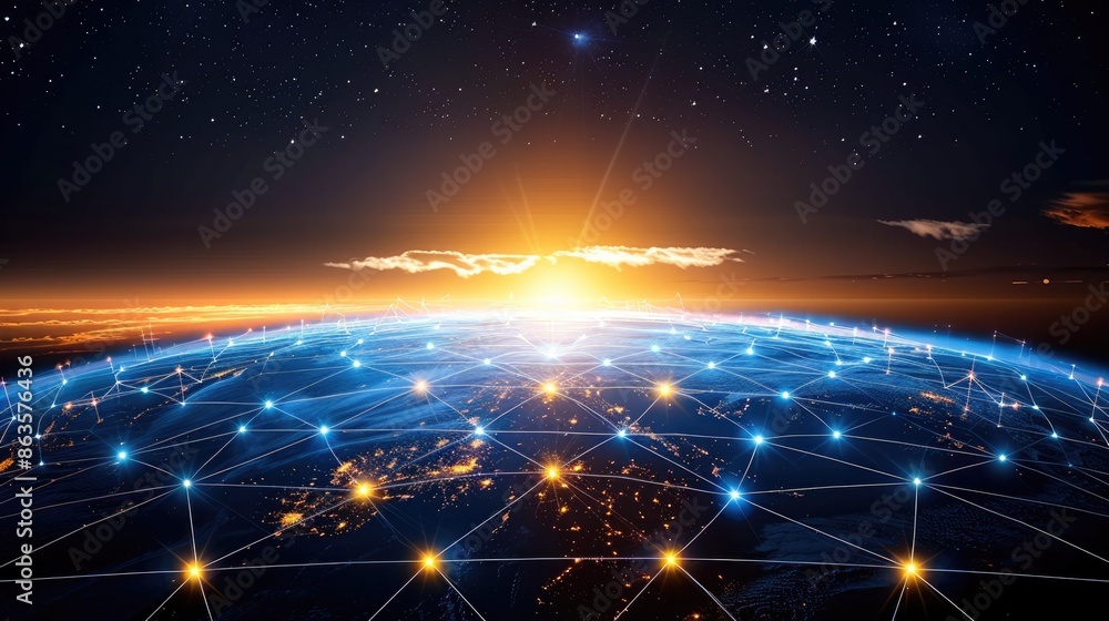 Digital network over Earth's surface at sunrise, showing global connectivity and technological progress.
Digital network over Earth's surface at sunrise, showing global connectivity and technological progress.