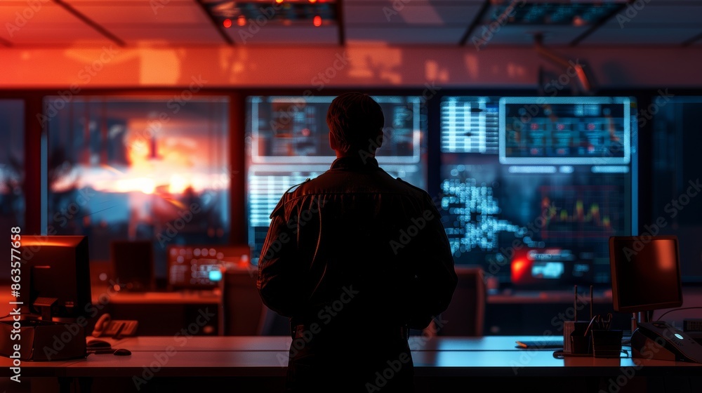 Silent Sentinel Commanding Crisis Control with Precision Emergency Services Dispatch Management Stock Photo Silent Sentinel Commanding Crisis Control with Precision Emergency Services Dispatch Management Stock Photo