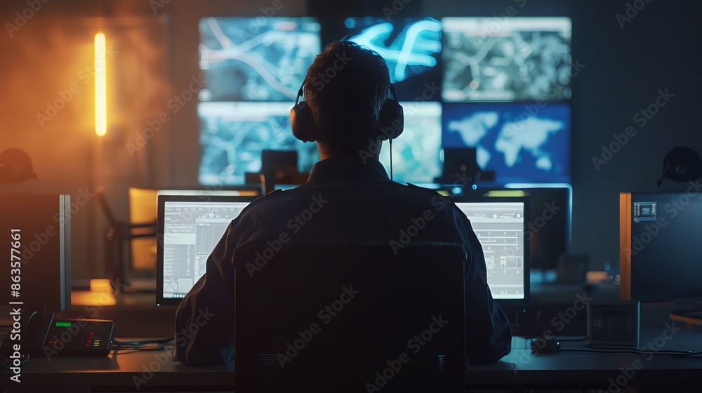 Silent Sentinel Commanding Crisis Control with Precision Emergency Services Dispatch Management Stock Photo Silent Sentinel Commanding Crisis Control with Precision Emergency Services Dispatch Management Stock Photo