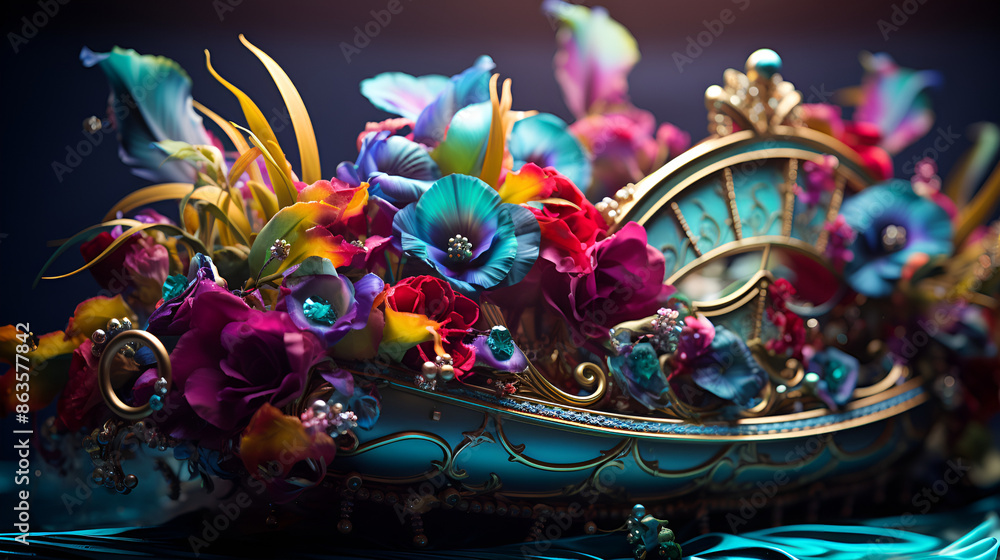 A vibrant flower arrangement sits on a blue table, adding a burst of color to the room. A vibrant flower arrangement sits on a blue table, adding a burst of color to the room.