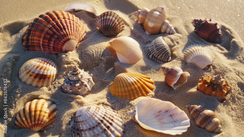 A close-up of seashells partially buried in sand on a sunny beach, showcasing natural marine beauty. A close-up of seashells partially buried in sand on a sunny beach, showcasing natural marine beauty.