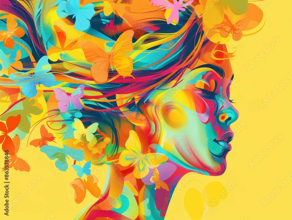 Fototapeta premium Colorful digital painting of a woman with butterflies, using vibrant colors and abstract shapes, symbolizing harmony and creativity.