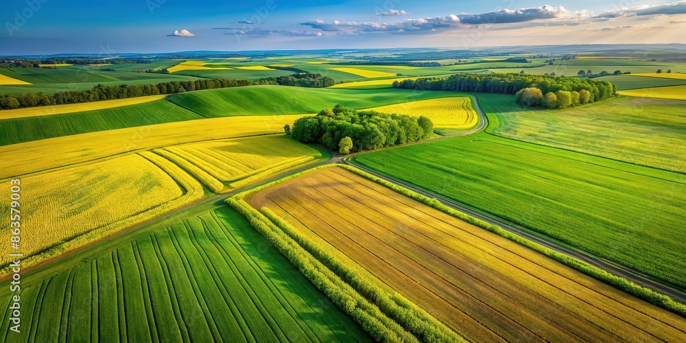 Fototapeta premium Top down view of lush green and vibrant yellow field in the countryside, scenic, agriculture, farm, rural, landscape