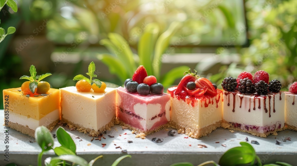 Delicious Cheesecake Medley Tempting Fruit Toppings in a Garden Oasis Delicious Cheesecake Medley Tempting Fruit Toppings in a Garden Oasis