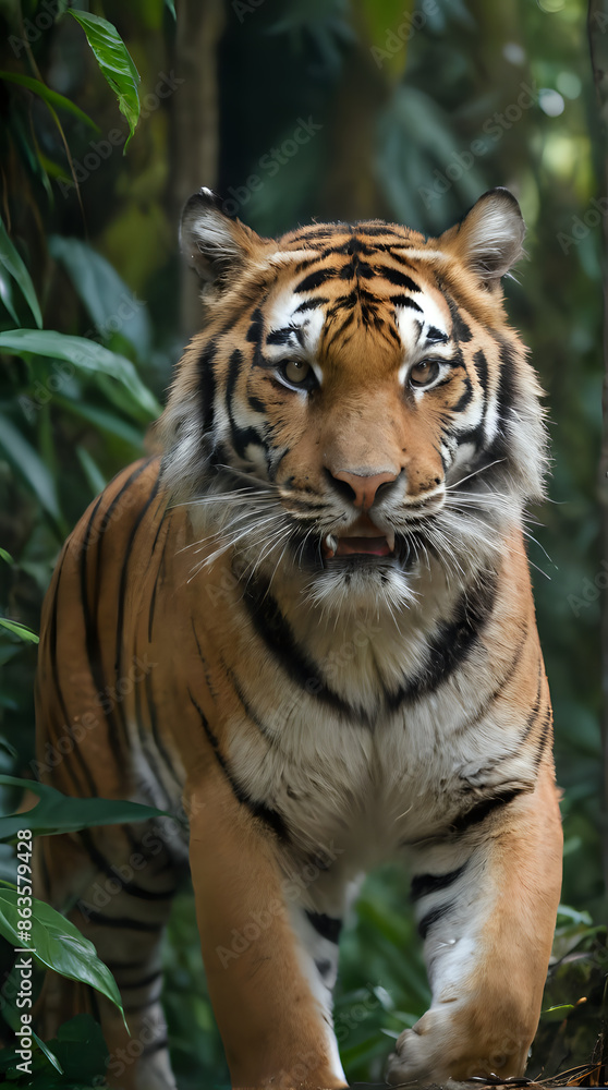 a tiger walking through the jungle with trees in the background a tiger walking through the jungle with trees in the background