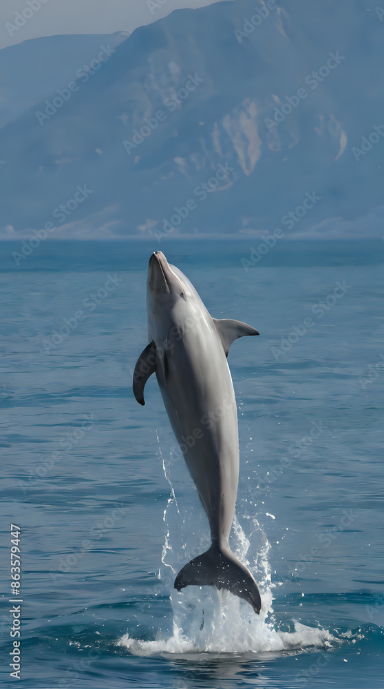 Fototapeta premium dolphin jumping out of the water with mountains in the background