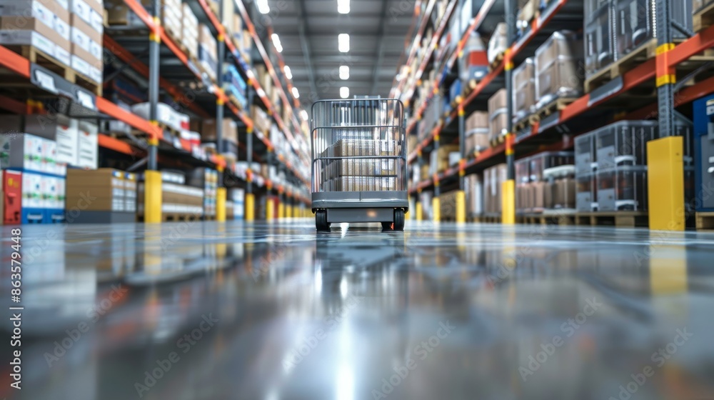 Fototapeta premium Innovative Warehouse Automation AGV Transporting Goods in Modern Facility