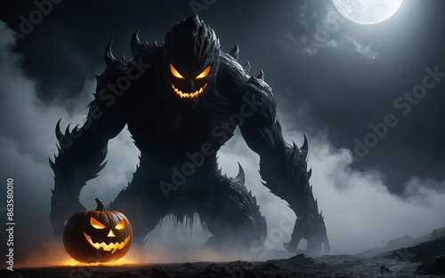 jack-o lantren monster emerging covered in shadow and mist photo