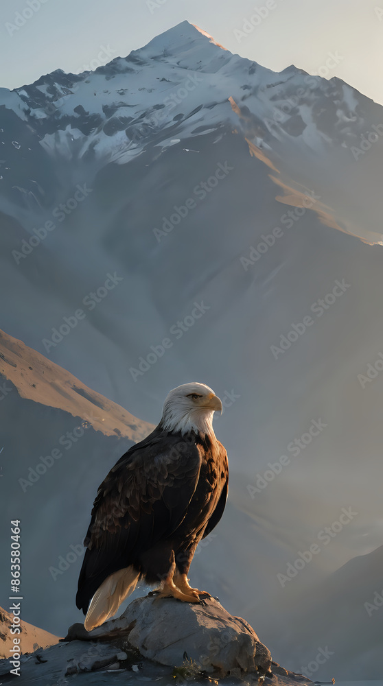 Fototapeta premium a bald eagle sitting on a rock in the mountains