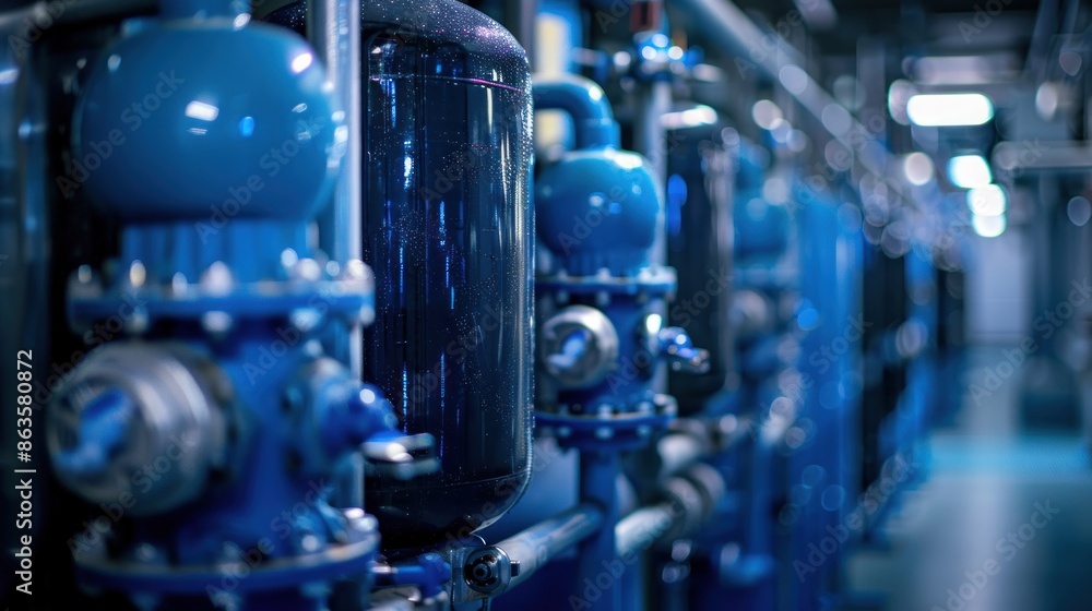 Blue industrial piping system with detailed components Blue industrial piping system with detailed components