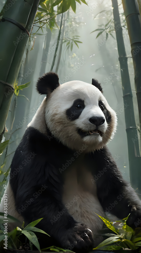 Obraz premium panda bear sitting in the middle of a bamboo forest with green leaves