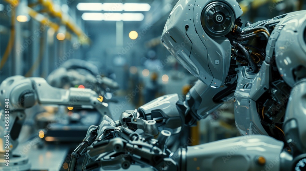 Fototapeta premium Robotic arms assembling parts in an advanced manufacturing facility.