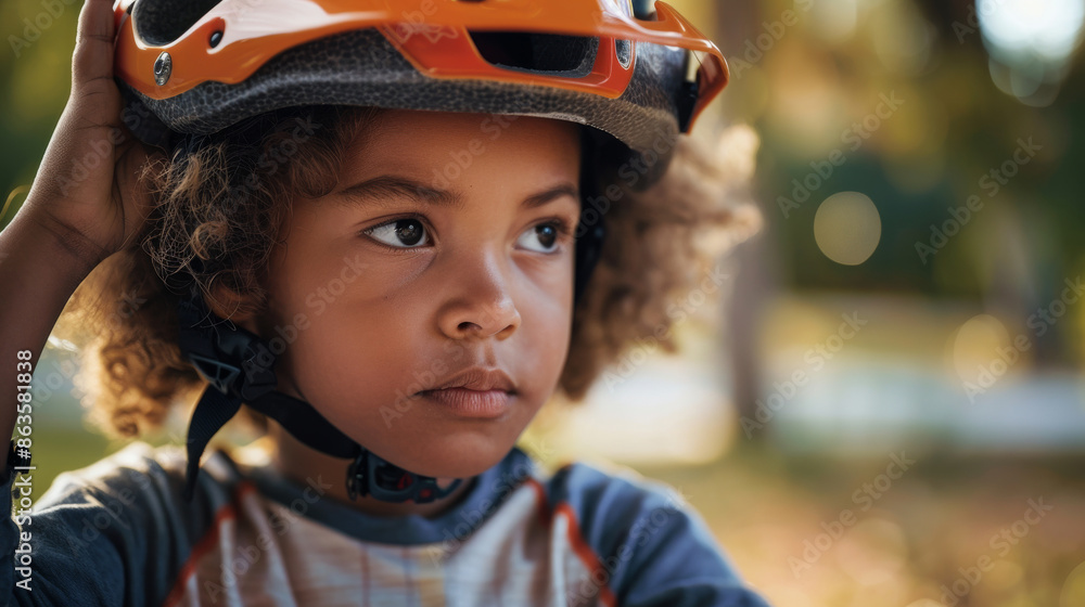child adjusting their bike helmet, ensuring it fits securely before riding their bicycle child adjusting their bike helmet, ensuring it fits securely before riding their bicycle