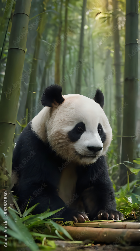 Obraz premium panda bear sitting on a bamboo log in a bamboo forest