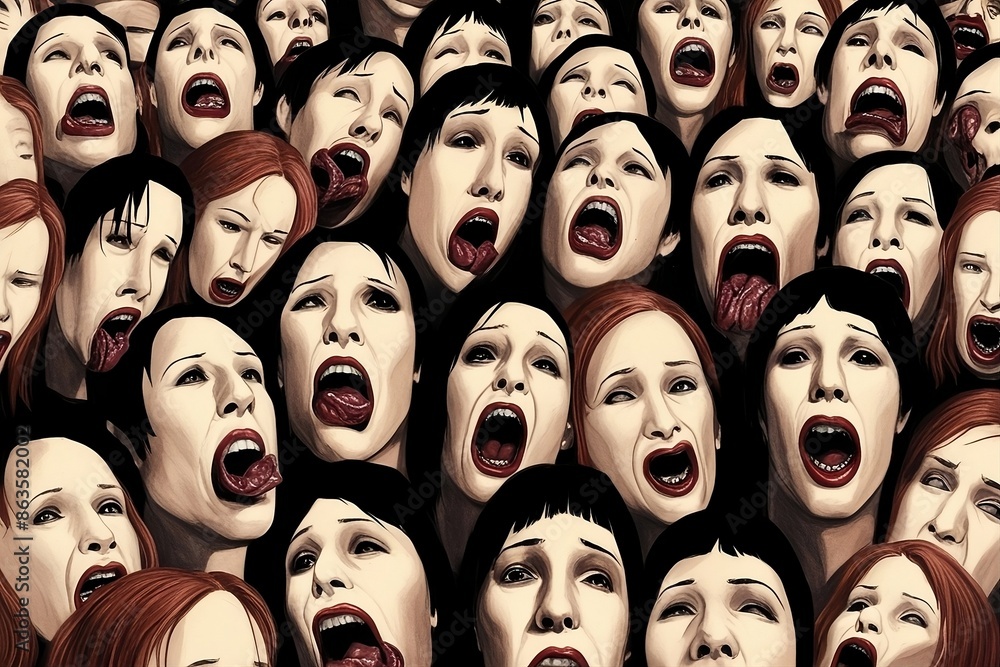 Disembodied Voices: A Cacophony of Distortion.
The faces are distorted and multiplied, creating a sense of being surrounded by a cacophony of voices, illustrating the experience of auditory..... Disembodied Voices: A Cacophony of Distortion.
The faces are distorted and multiplied, creating a sense of being surrounded by a cacophony of voices, illustrating the experience of auditory.....