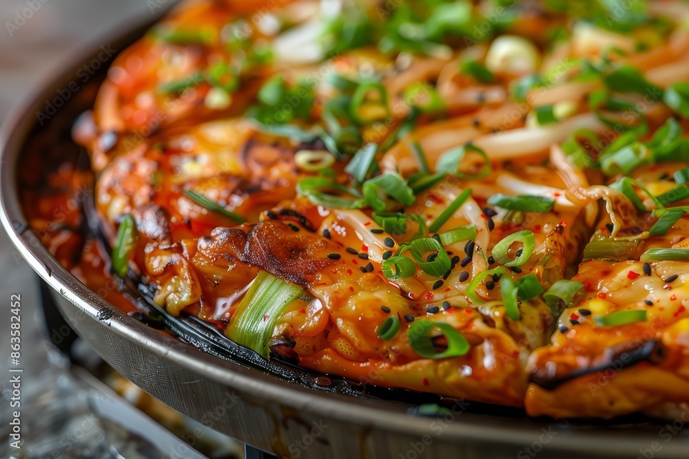 Pajeon with herbs and spices on a black plate. Close-up Pajeon with herbs and spices on a black plate. Close-up