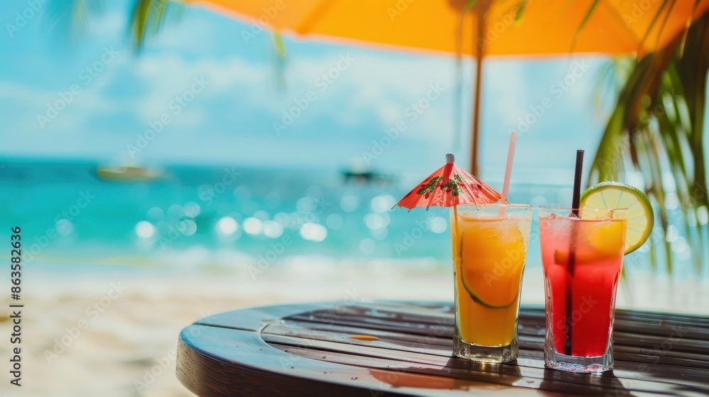 Refreshing tropical drinks on a table by the ocean on a sunny day, perfect for enjoying the beach scenery. Refreshing tropical drinks on a table by the ocean on a sunny day, perfect for enjoying the beach scenery.