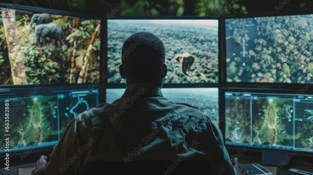 Fototapeta premium Green Guardian Protecting Nature's Balance through Technology Environmental Scientist Monitoring Deforestation and Wildlife Migration Patterns for Conservation Efforts