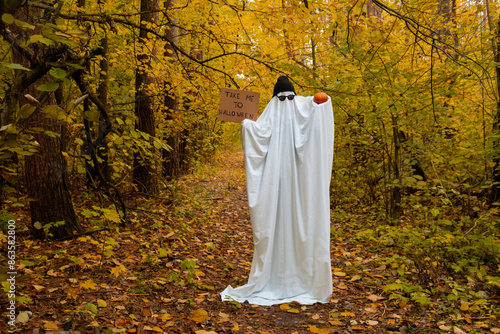 Man wearing ghost costume holding cardboard with text TAKE ME TO HALLOWEEN and pumpkin between orange yellow leaves in autumn forest for Halloween. Cool ghost creative holiday celebration fall