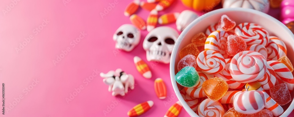 Fototapeta premium Halloween candy flat design top view Halloween party theme 3D render banner Splitcomplementary color scheme