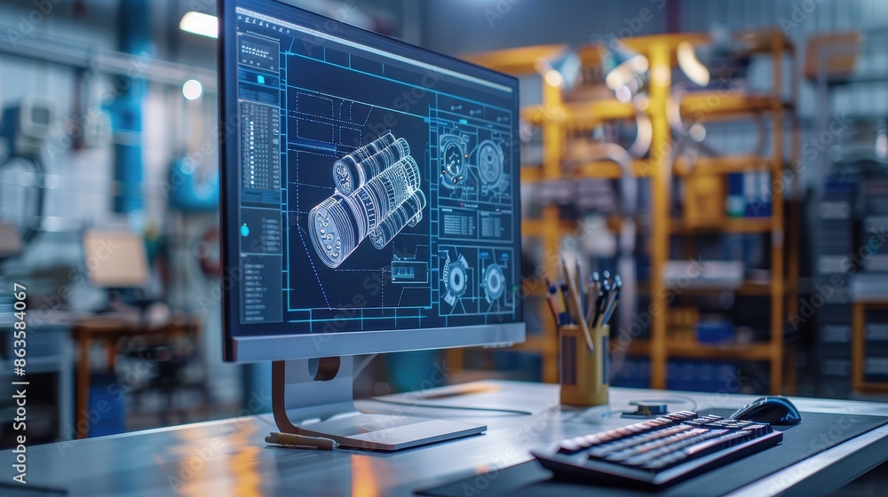 A computer monitor displays a complex design on a screen. The computer is surrounded by other monitors, and there is a keyboard and mouse on the desk. Concept of focus and concentration A computer monitor displays a complex design on a screen. The computer is surrounded by other monitors, and there is a keyboard and mouse on the desk. Concept of focus and concentration