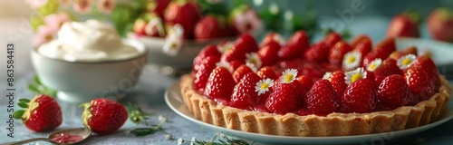 Fresh Strawberry Tart With Whipped Cream and Flowers