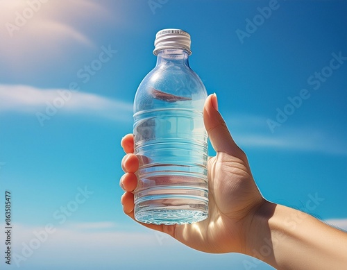 青空と水の入ったペットボトル