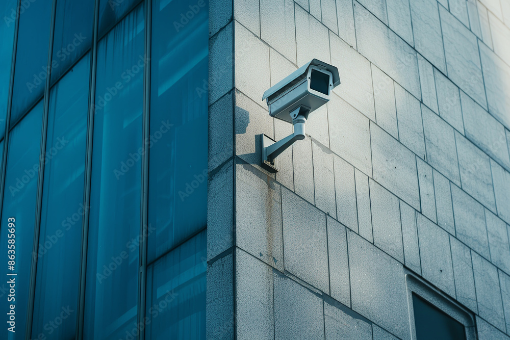 A security camera is mounted on a building A security camera is mounted on a building