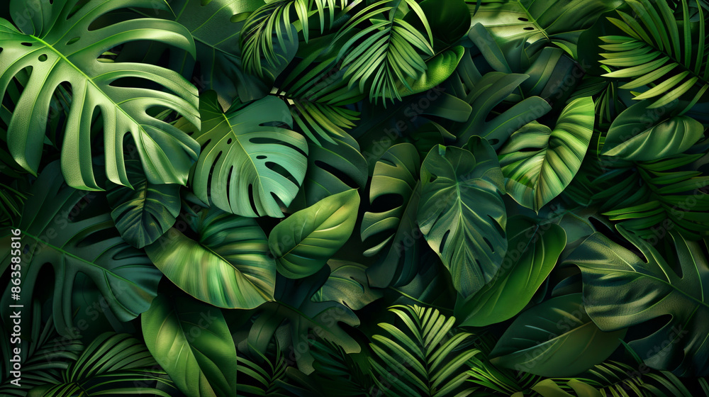 A lush green jungle with many leaves and vines A lush green jungle with many leaves and vines