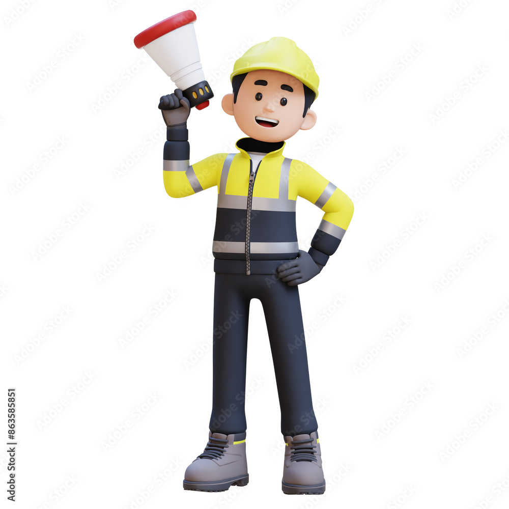 3D Construction Worker Character Holding Megaphone 3D Construction Worker Character Holding Megaphone