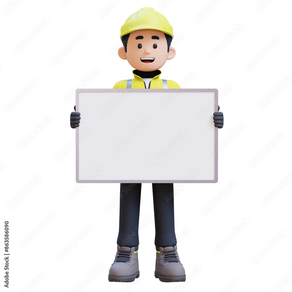3D Construction Worker Character Holding Empty Placard 3D Construction Worker Character Holding Empty Placard