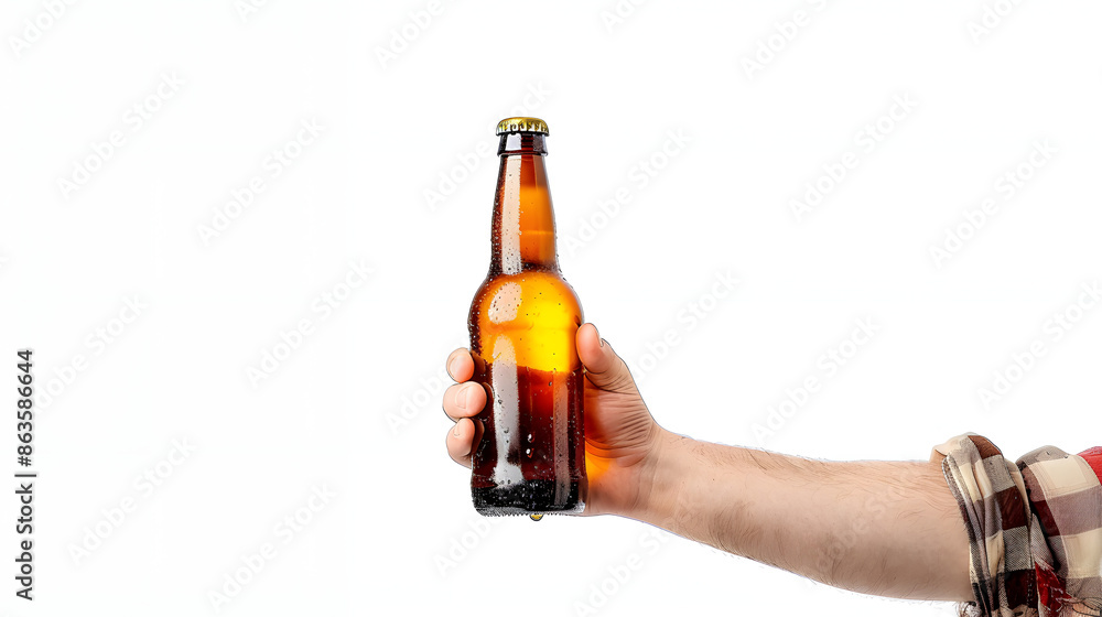 Cropped image of male hand holding bottle of strong alcohol drink, beer isolated over white background Cropped image of male hand holding bottle of strong alcohol drink, beer isolated over white background