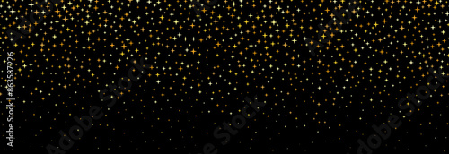 Golden falling confetti pattern on black background. Repeating gold glitter pattern. Yellow and orange dots wallpaper. Celebration Christmas, New Year or birthday party decoration. Vector backdrop