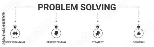 Banner problem solving concept with understanding, brainstorming, strategy, solution icon vector illustration