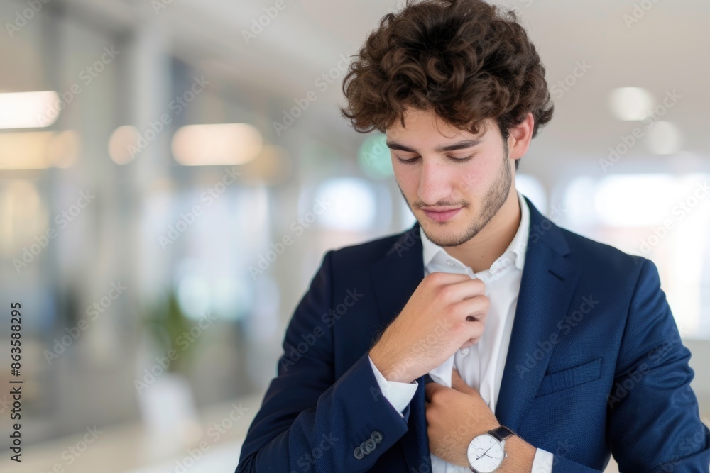Confident Businessman Adjusting Suit in Modern Office Setting Confident Businessman Adjusting Suit in Modern Office Setting