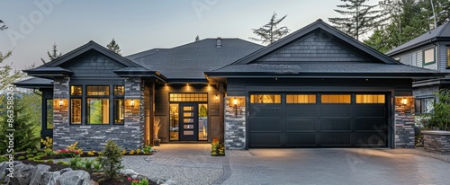 Stone Garage Door With Cobblestone Driveway And Fall Foliage